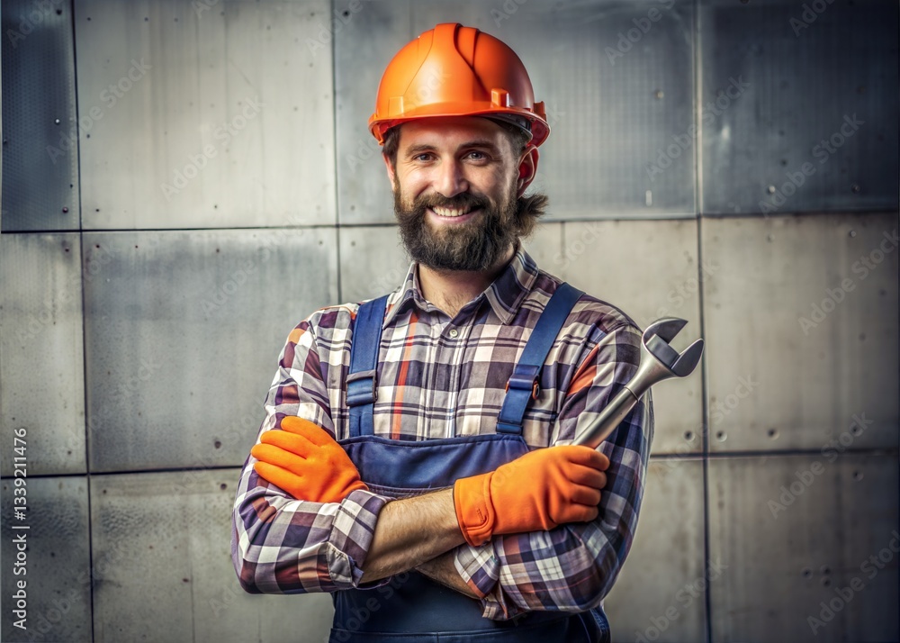 Confident Tradesman with Wrench Ready to Work Confident Tradesman with Wrench Ready to Work