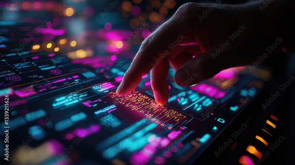 A close-up of a hand interacting with a vibrant, illuminated touchscreen displaying colorful data and graphics. A close-up of a hand interacting with a vibrant, illuminated touchscreen displaying colorful data and graphics.
