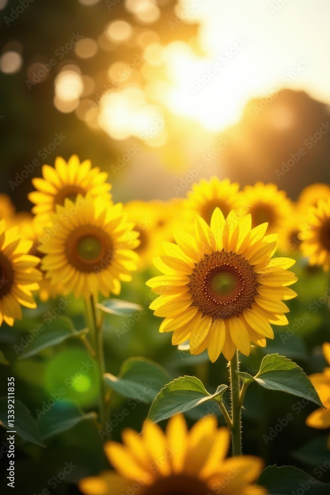 Fototapeta premium Vibrant sunflowers bathed in golden sunlight, summer landscape , sunflowers, bright, picture