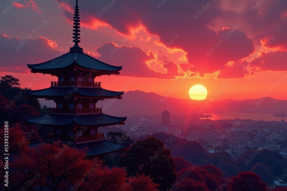 Red pagoda silhouetted against Fuji sunset glow, image, silhouette Red pagoda silhouetted against Fuji sunset glow, image, silhouette