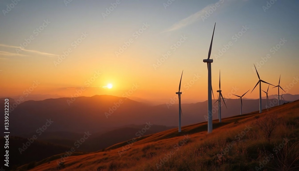 Obraz premium Sunset over Wind Turbines on Mountain Ridge: A Stunning View of Renewable Energy