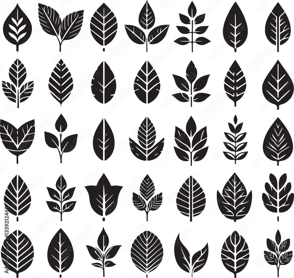 Fototapeta premium Black and white leaf icon silhouette vector set