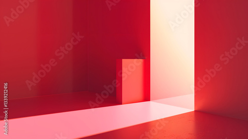 Minimalist Red Room with Dramatic Light and Shadows