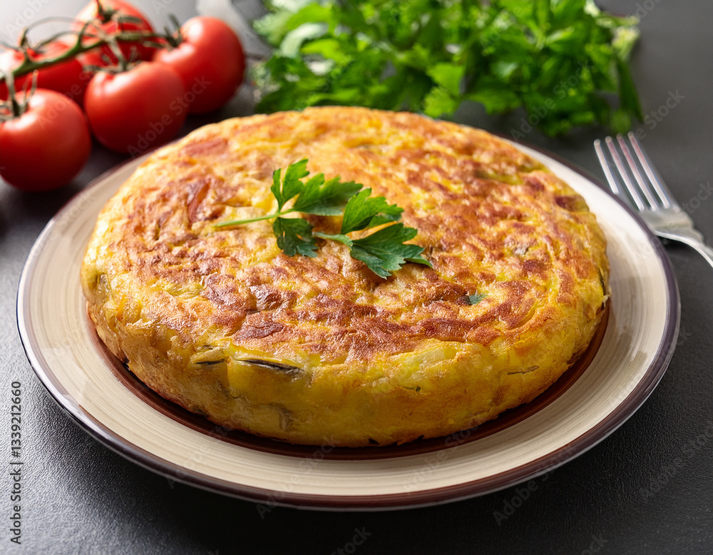 A freshly baked Spanish tortilla de patatas placed on a round plate surrounded by fresh herbs and sliced tomatoes A freshly baked Spanish tortilla de patatas placed on a round plate surrounded by fresh herbs and sliced tomatoes