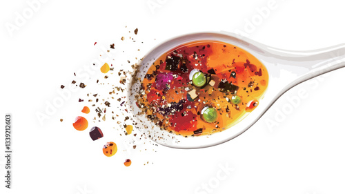 High-angle, close-up shot of a white porcelain spoon filled with a vibrant, colorful sauce. The sauce appears to contain various finely diced vegetables and herbs.  Small particles of spices and