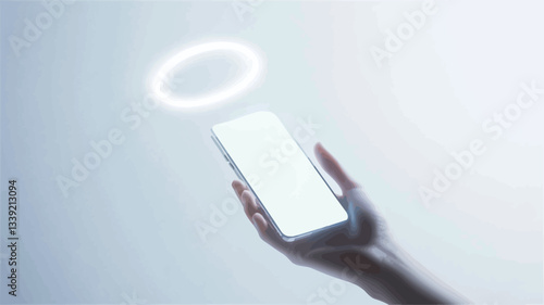 Close-up shot of a hand holding a smartphone with a bright, glowing white halo or ring above it. The background is a plain, light gray, providing a stark contrast to the bright white of the halo