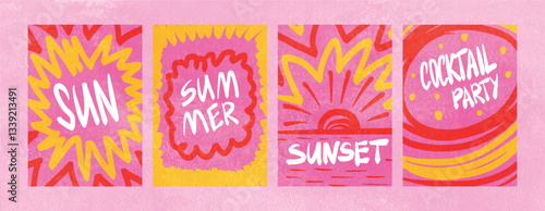 Set of hippie-style summer cards for branding, social media, advertising, invitations, and posters. Colorful abstract design with hand-drawn typography. Vibrant pink, red, and yellow doodle style.