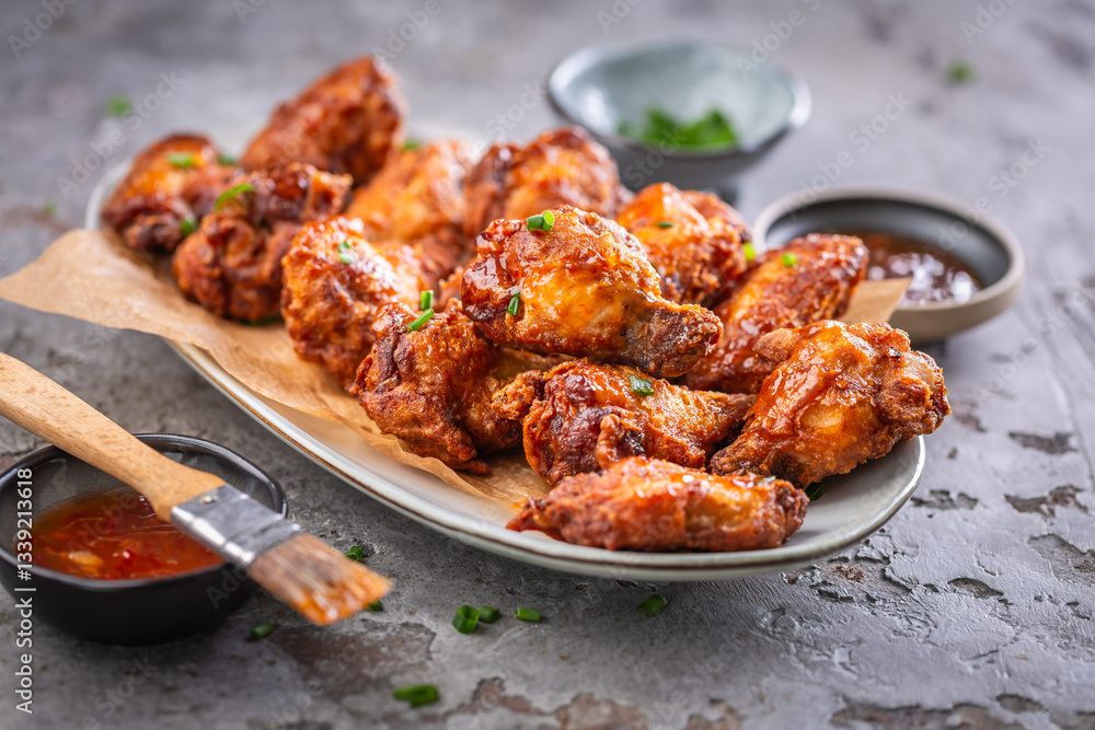 Spicy thai chicken wings with hot dip and green onions Spicy thai chicken wings with hot dip and green onions