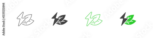 Lightning bolt with leaves vector outline and flat icons. Eco-friendly charging symbol.