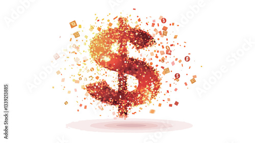 An illustration of a dollar sign composed of small, orange and red particles or sparkles on a white background. The particles appear to radiate outwards from the center of the dollar sign, creating