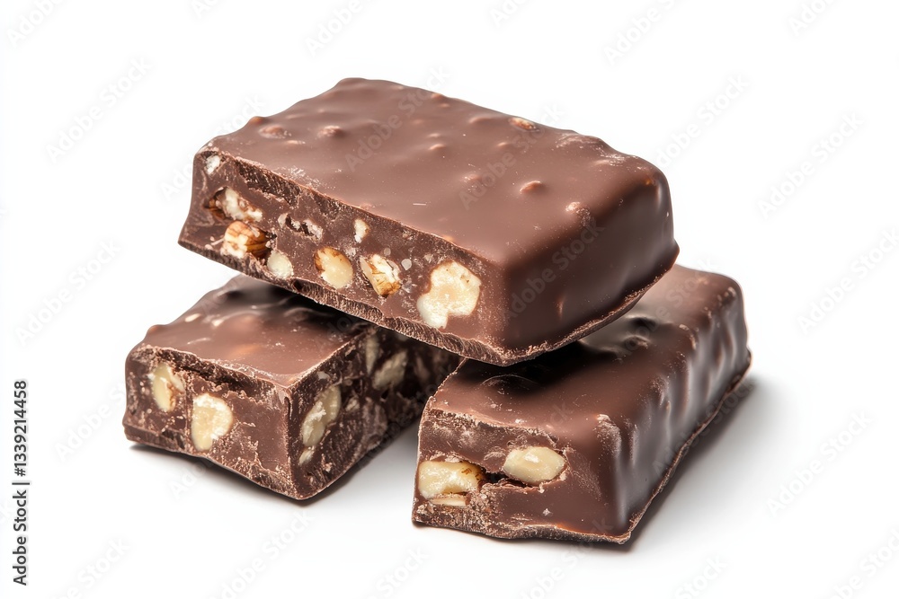Chocolate bars made with nuts stacked neatly on a white background ready for enjoyment Chocolate bars made with nuts stacked neatly on a white background ready for enjoyment