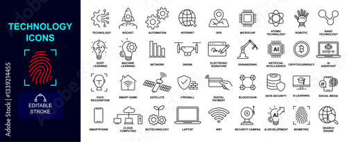 technology and devices icons including , rocket, automation, gps, microchip, atomic, robotic, satellite, deep learning, artificial intelligence, cryptocurrency, biometric, biotechnology, e-learning