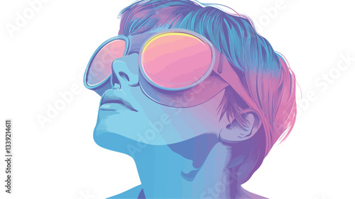 A digital illustration depicting a stylized portrait of a person's face and shoulders. The subject is looking upward. They have short hair and are wearing large, round sunglasses with a pink and