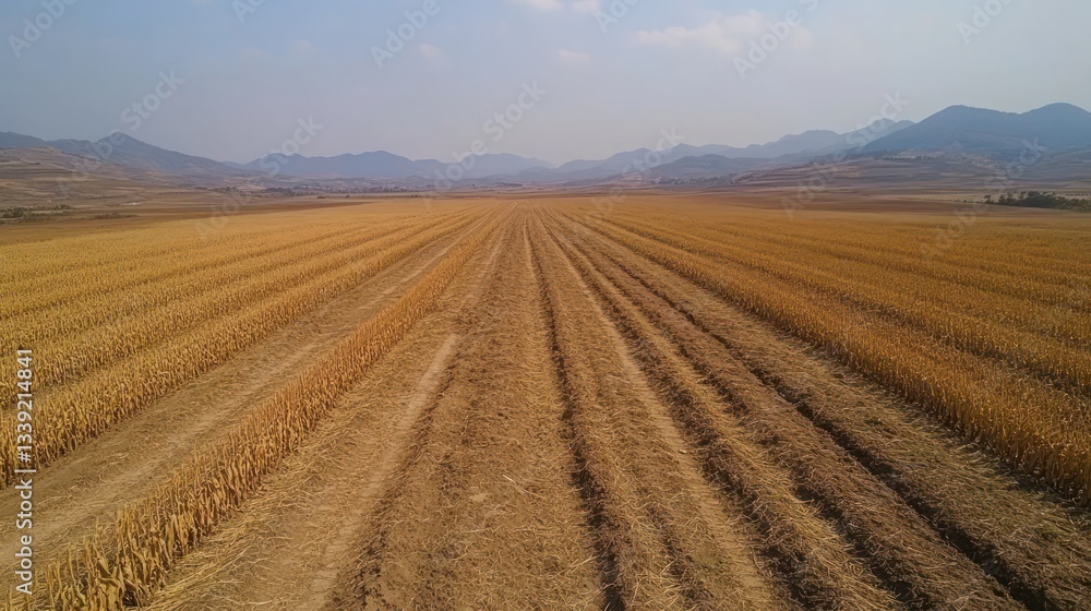 Vast Golden Fields and Distant Mountains: A Serene Autumn Harvest Landscape Vast Golden Fields and Distant Mountains: A Serene Autumn Harvest Landscape