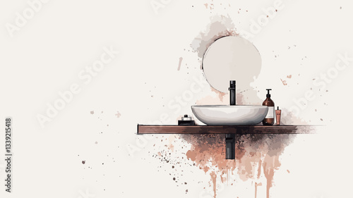 The image depicts a minimalist bathroom vanity setup against a white wall. The vanity is a simple, dark brown wooden shelf with a white oval sink and a round mirror above it.  A small dark bottle