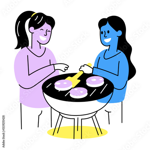 Hand drawn illustration of bbq buddies enjoying cooking