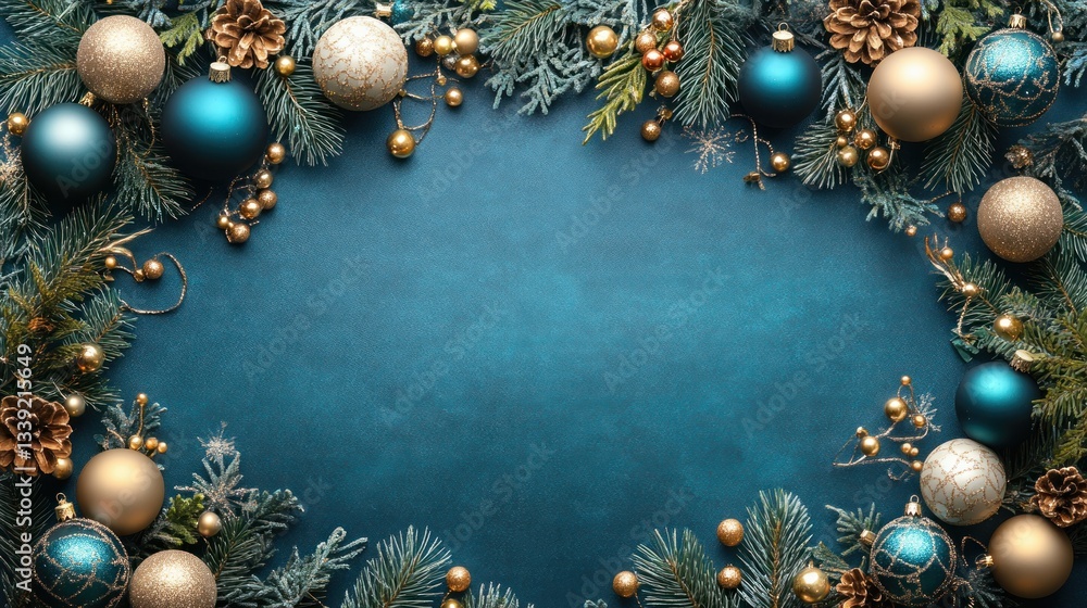 Christmas ornaments frame on blue background for holiday message Christmas ornaments frame on blue background for holiday message