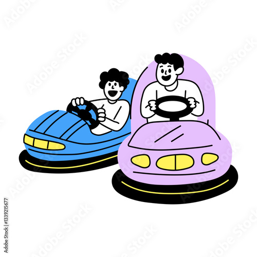 Two friends enjoying bumper cars ride, hand drawn illustration