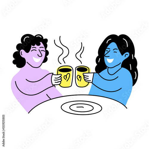 Hand drawn illustration of two friends doing coffee cheers