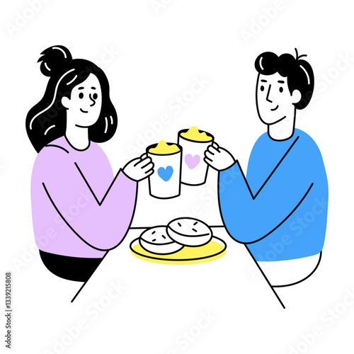 Hand drawn illustration of coffee buddies enjoying together