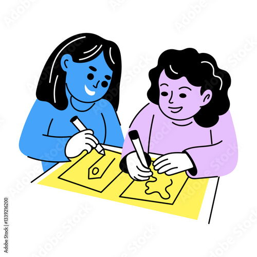 Hand drawn illustration of two friends sketching together