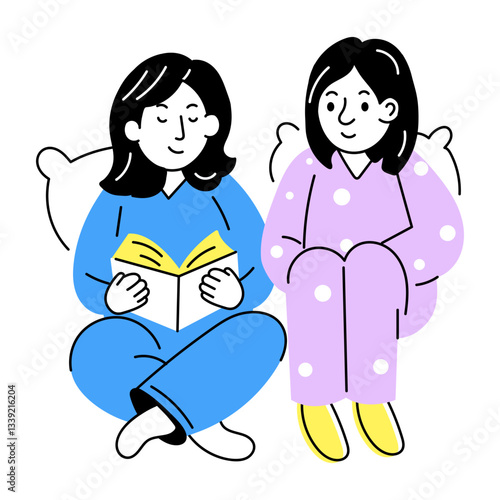 Friends reading a book together, hand drawn illustration