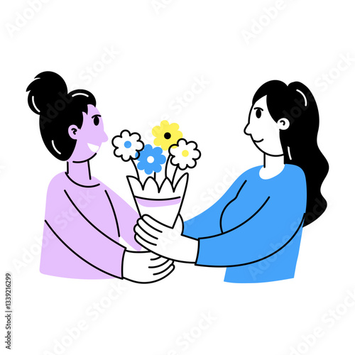 Hand drawn illustration of a character giving bouquet to her friend