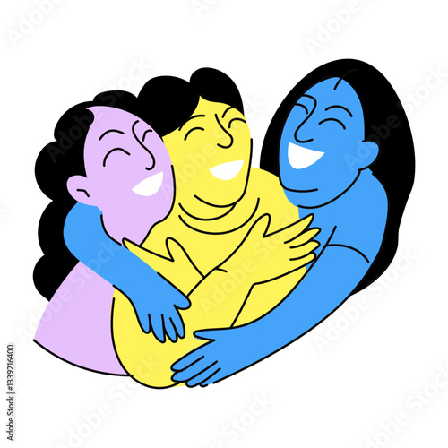 Hand drawn illustration of a group of friends hugging together