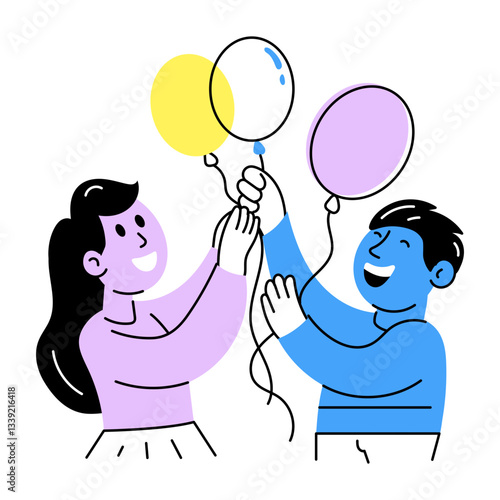 A hand drawn illustration of friends holding balloons