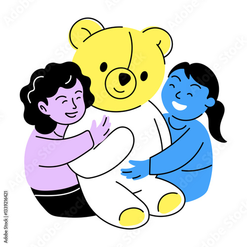 Best friends hugging teddy bear, hand drawn illustration