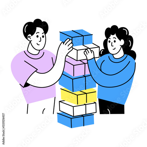 Hand drawn illustration of two friends playing jenga challenge game