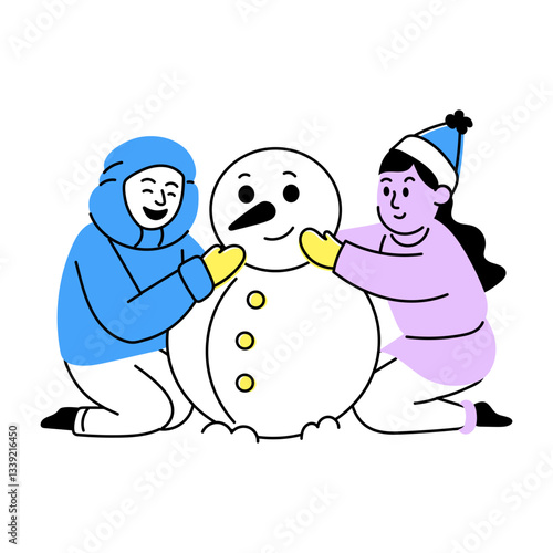 Hand drawn illustration of two friends making snowman in winters