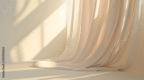 Soft Beige Curtains with Warm Light and Shadows in Minimal Room