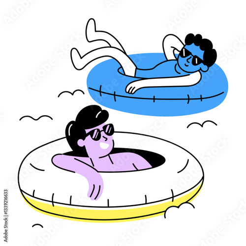 Hand drawn illustration depicting friends enjoying pool float