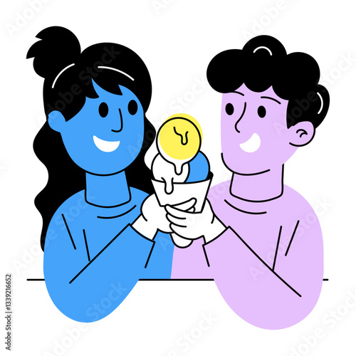 Hand drawn illustration of two friends sharing food