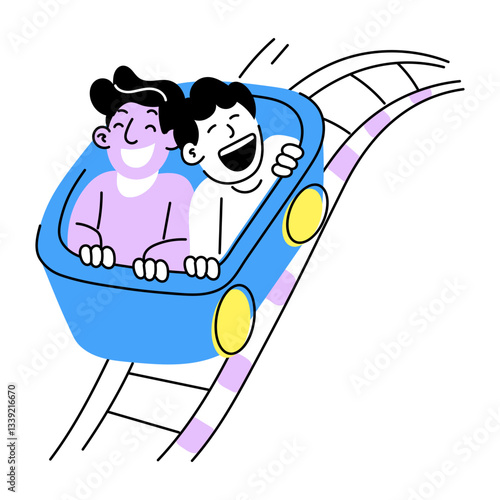 Hand drawn illustration of two friends enjoying roller coaster ride