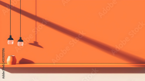 Minimalist Orange Wall with Pendant Lights and Ceramic Vase