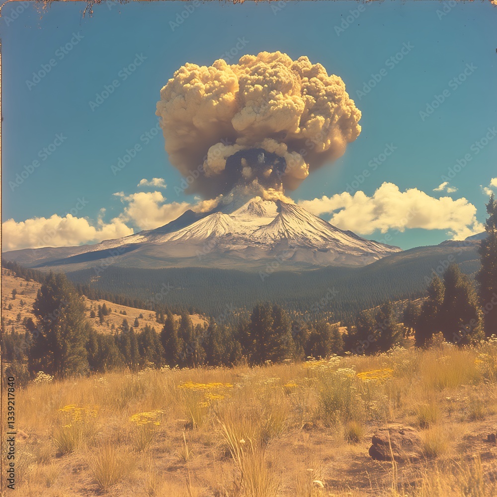 Obraz premium Volcanic Eruption for Mountain Landscape, Retro.