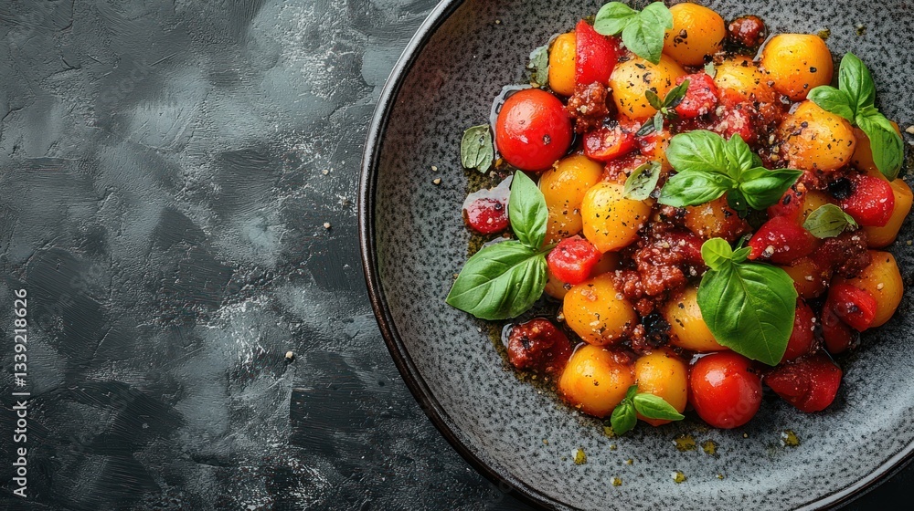 Cherry tomato salad with basil on dark background Cherry tomato salad with basil on dark background