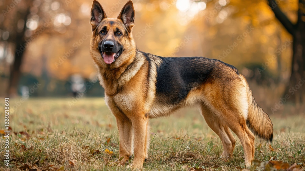 Fototapeta premium A loyal German Shepherd standing alert in a scenic park, intense gaze and crisp realistic detail