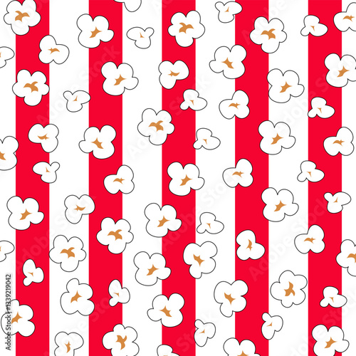 Popcorn seamless pattern. Popcorn pattern background. Popcorn seamless pattern with pop corn snack icons. Graphic design for pop corn pack. Fast food packaging design.