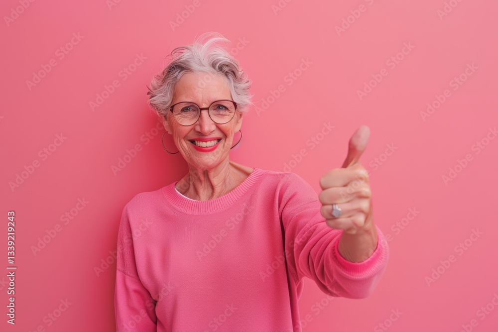 Portrait of a blissful woman in her 50s showing a thumb up isolated on solid color backdrop Portrait of a blissful woman in her 50s showing a thumb up isolated on solid color backdrop