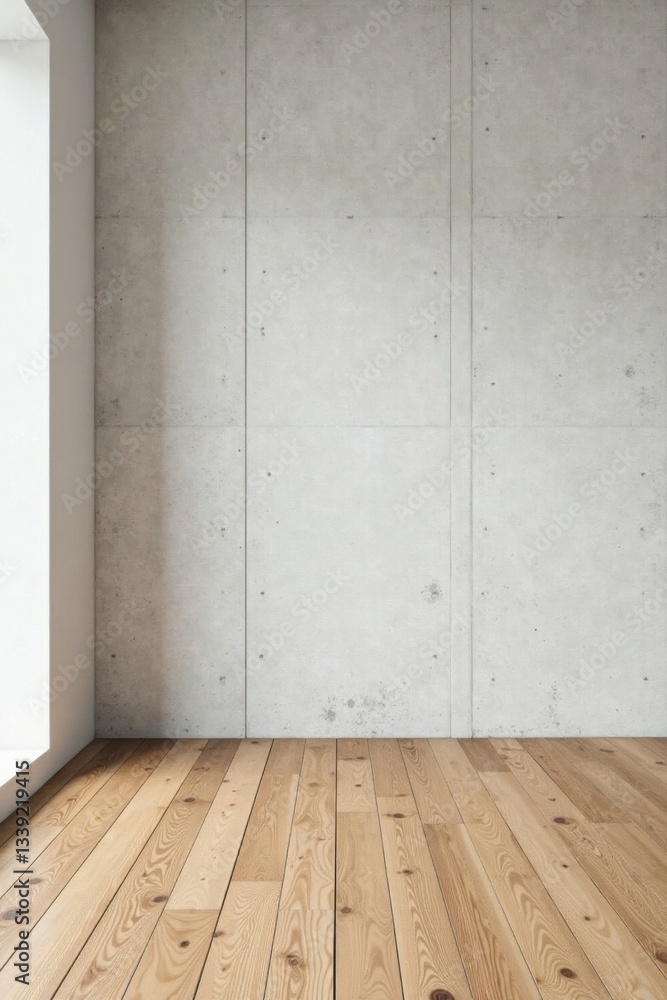 Naklejka premium Modern minimalist interior design featuring light wood flooring and a textured concrete wall showcasing a clean and spacious room
