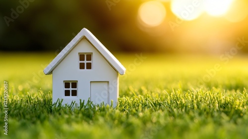 Wallpaper Mural Miniature house model on green grass, symbolizing homeownership, evokes feelings of comfort and warmth, ideal for real estate themes. Torontodigital.ca