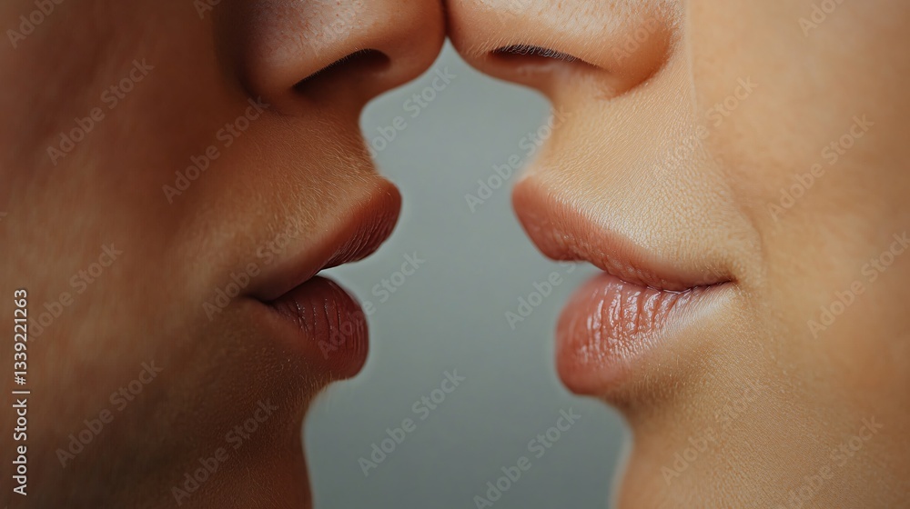 Obraz premium Intimate moment of couple, close-up of lips about to kiss, warm tones creating a romantic atmosphere, perfect for love themes.