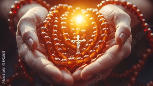 Hands holding rosary, prayer, light, faith, devotion