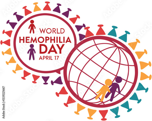 Global unity for World Hemophilia Day on April 17th, featuring diverse figures encircling a world globe in support.