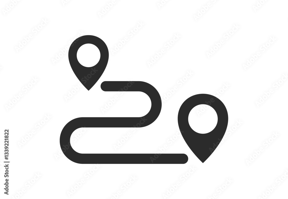 Route tracking icon. Path location icon, two pin signs and road line, path start and end symbol. Concept of travel map navigation, destination point, GPS tracking. Vector Illustration. Route tracking icon. Path location icon, two pin signs and road line, path start and end symbol. Concept of travel map navigation, destination point, GPS tracking. Vector Illustration.