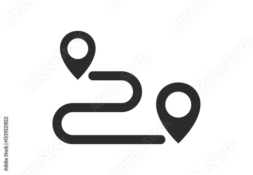 Route tracking icon. Path location icon, two pin signs and road line, path start and end symbol. Concept of travel map navigation, destination point, GPS tracking. Vector Illustration.