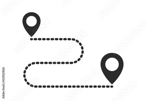 Route tracking icon. Path location icon, two pin signs and road line, path start and end symbol. Concept of travel map navigation, destination point, GPS tracking. Vector Illustration.